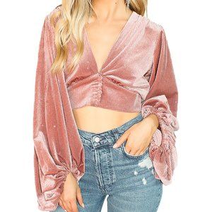 Pink Velvet crop top with kimono sleeves.